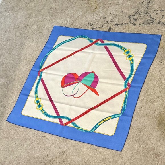 Celine Vintage Ivory Blue Hat Print Silk Square Scarf - Picture 8 of 9